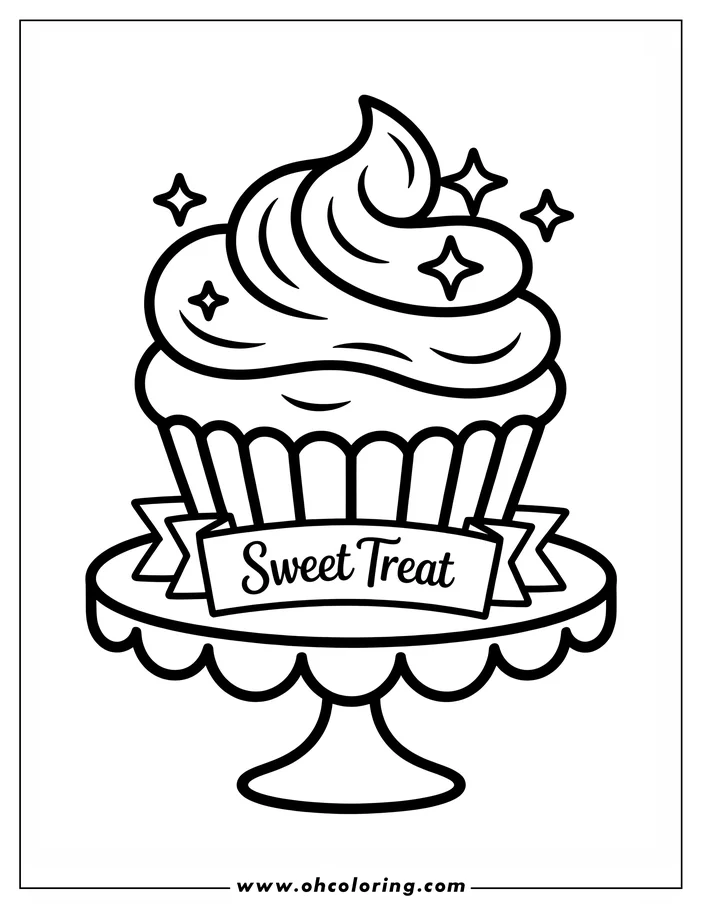 Line art of a cupcake on a cake stand with the words "Sweet Treat" on a banner across the stand.