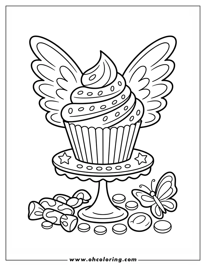 Line art of a cupcake with large butterfly wings, sitting on a decorative stand.  Candies and a butterfly are scattered around the base.