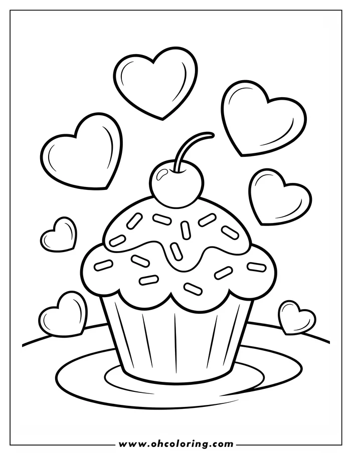 Line art of a cupcake with a cherry on top, sprinkles, and floating hearts.