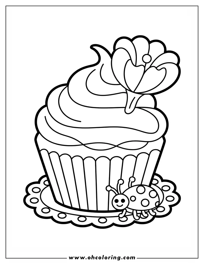 Line art of a cupcake with swirled frosting and a flower on top, sitting on a doily with a ladybug