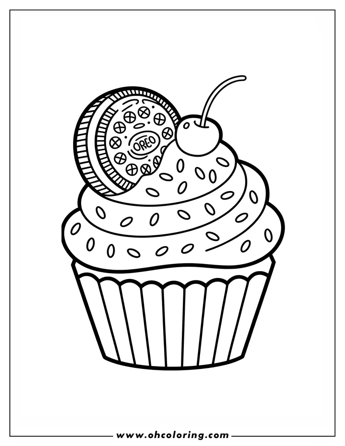Line art of a cupcake topped with an Oreo cookie and a cherry. Sprinkles are visible on the frosting.