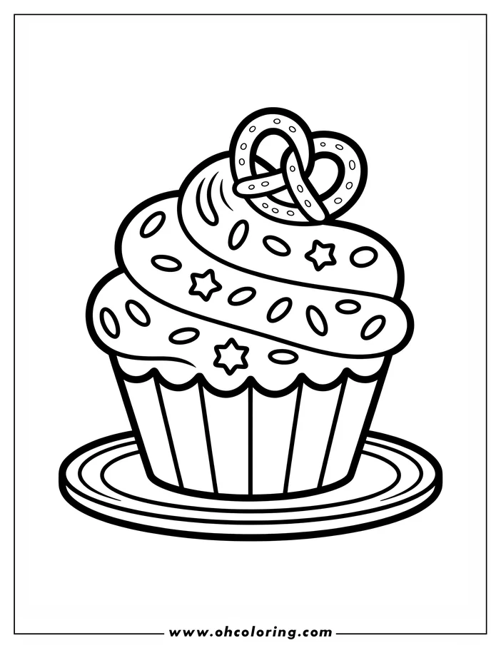 Line art of a cupcake with swirled frosting, sprinkles, star-shaped candies, and a pretzel on top, sitting on a plate.