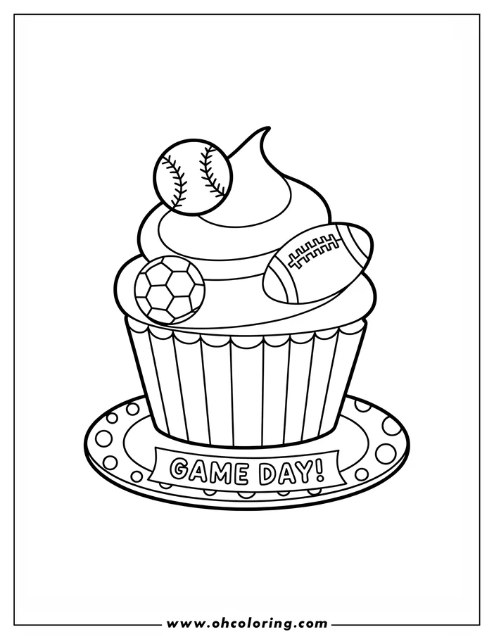 Line art of a cupcake with sports balls in the frosting on a plate that says GAME DAY!