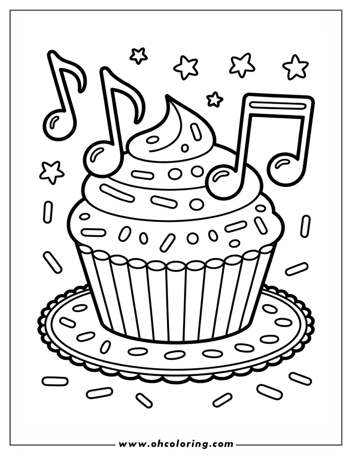 Line art of a cupcake with swirled frosting, sprinkles, and musical notes floating around it on a decorated plate.