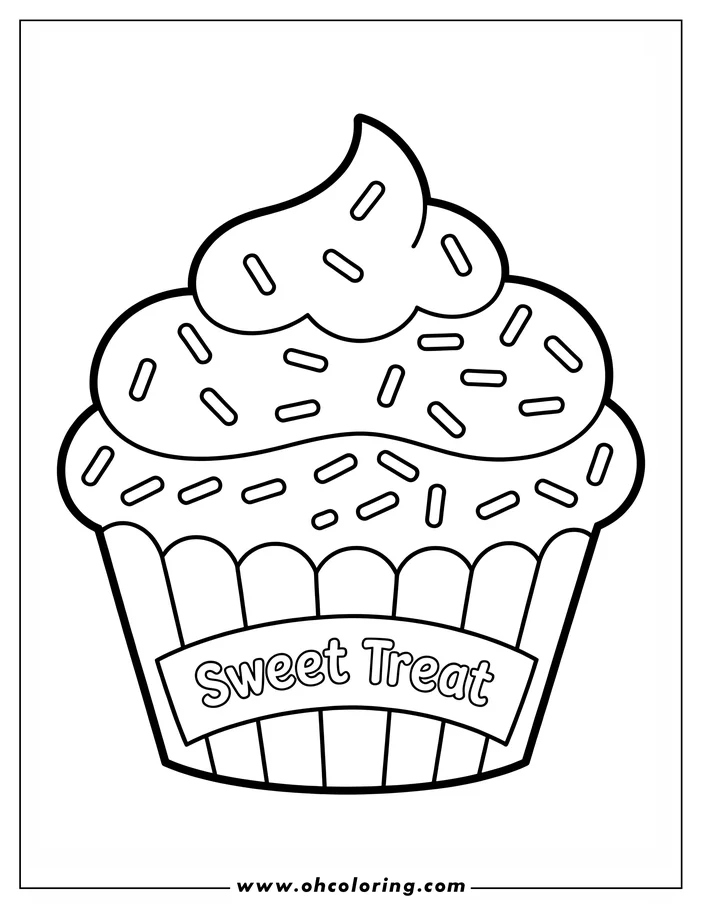 Line art of a cupcake covered in sprinkles and topped with swirled frosting. A banner on the wrapper reads "Sweet Treat."