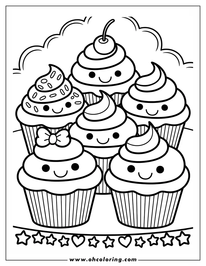 Five smiling cupcakes, one with sprinkles, one with a cherry, and one with a bow.