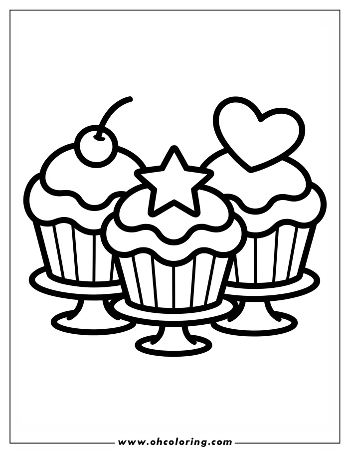 Line art of three cupcakes displayed on stands. One cupcake has a cherry, one a star, and one a heart. They look ready to be colored in.