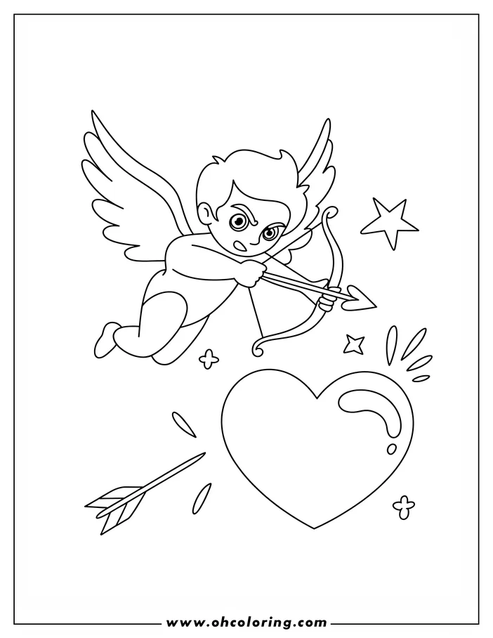 Line art of Cupid aiming his bow and arrow at a heart.  This Valentine's Day coloring sheet design features the cherubic figure with small wings and a determined expression. A stray arrow, small stars, and decorative elements add to the scene.