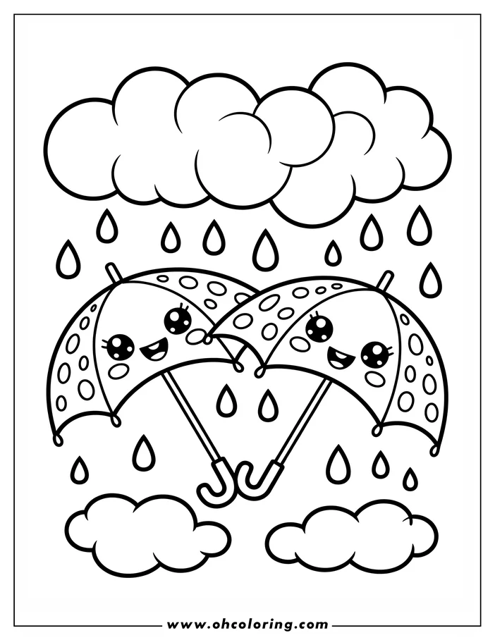 Two cute cartoon umbrellas with smiling faces in the rain, beneath stylized clouds.  Raindrops fall around them.