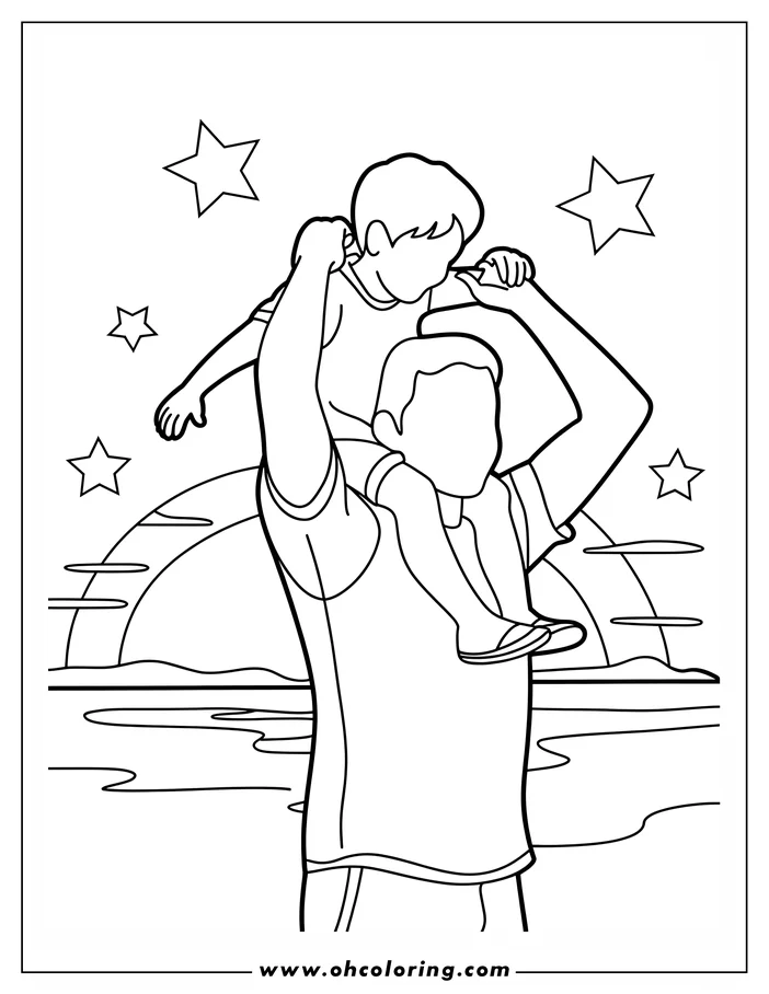 Line art depicting a father carrying a child on his shoulders at the beach, with a sunset and stars in the background. A Father's Day coloring page design.