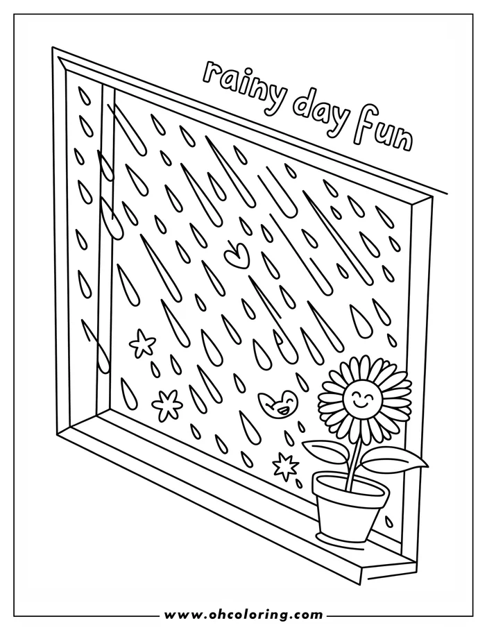 Simple coloring page design of a smiling daisy in a pot on a windowsill, as rain falls outside.  Other small shapes like stars, hearts and clouds accompany the raindrops. A cheerful printable drawing.