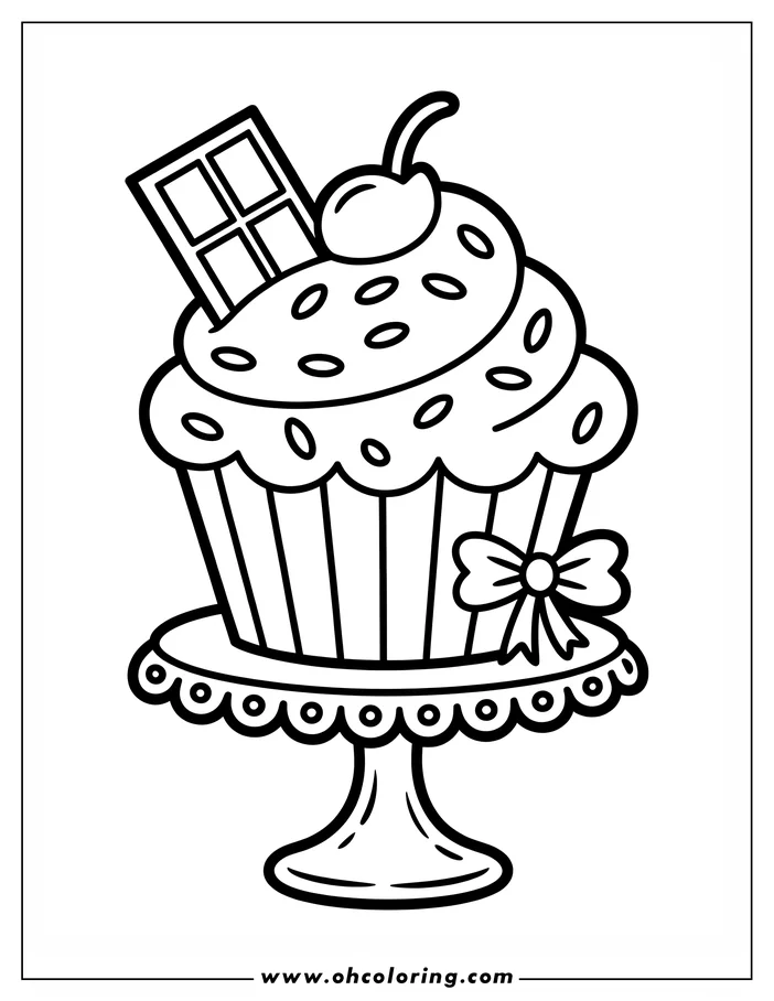 Line art of a cupcake on a cake stand with frosting, a cherry, a piece of chocolate, sprinkles, and decorated with a bow.