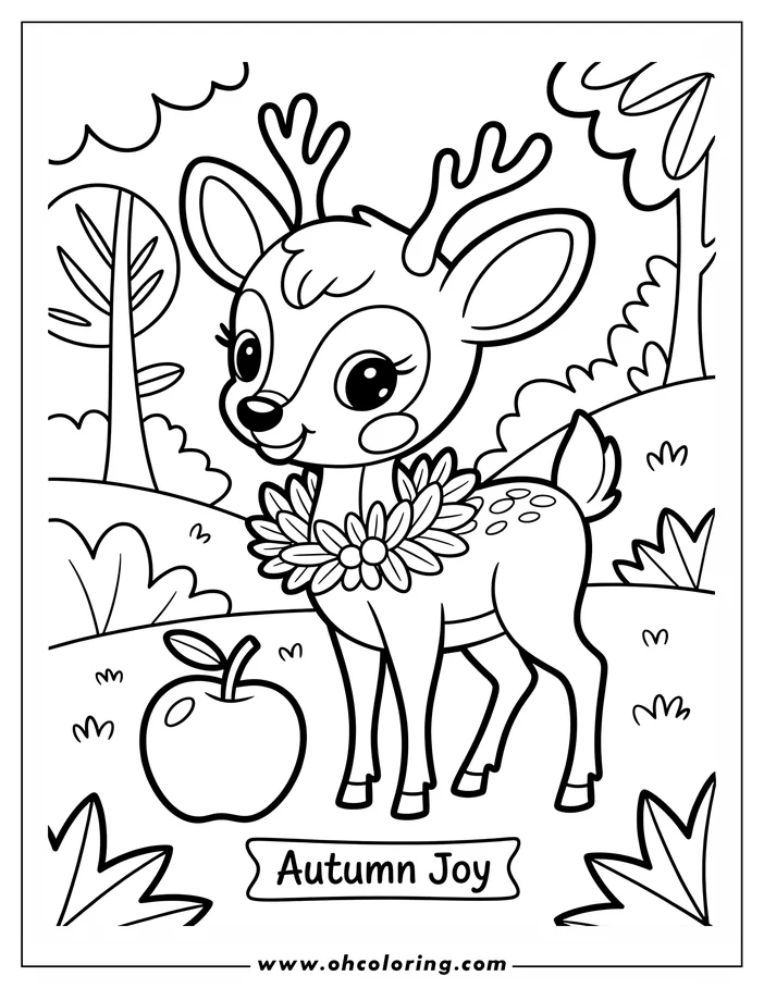 Outline of a deer wearing a flower garland, standing near an apple in a simple outdoor setting.