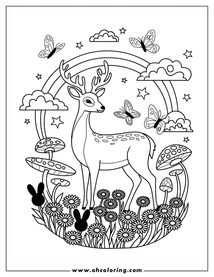 Line art of a deer with antlers standing in a field of daisies beneath a rainbow and clouds. Butterflies and mushrooms are also part of the magical scene.