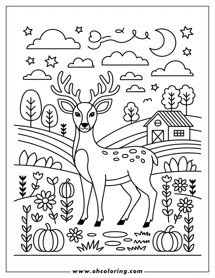 Line art of a deer with spots and large antlers standing on a farm at night. Pumpkins, flowers, and grass surround the deer. A barn, stars, clouds, and a crescent moon are visible in the background.