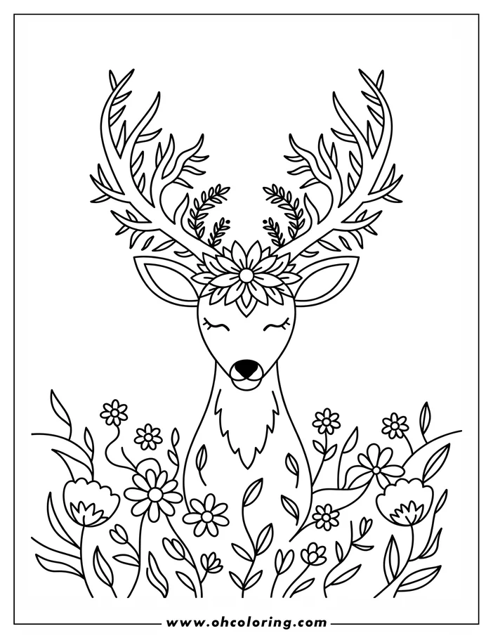 Line art of a deer with large antlers decorated with flowers and leaves. The serene deer is surrounded by various flowers and leaves.