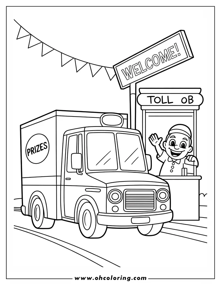 Outline of a delivery truck approaching a toll booth with a person inside waving