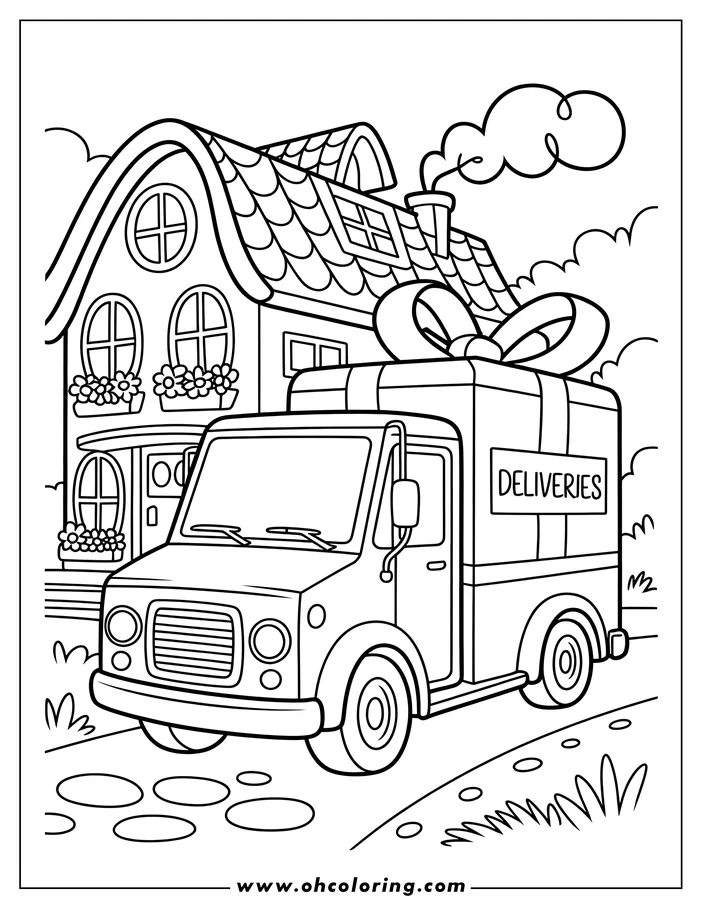 Line art of a delivery truck carrying a large gift box with a bow. It's parked in front of a house with potted flowers and a smoking chimney.
