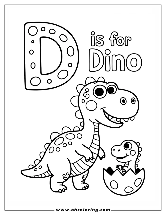 Line art of a dinosaur standing next to a hatching baby dinosaur.