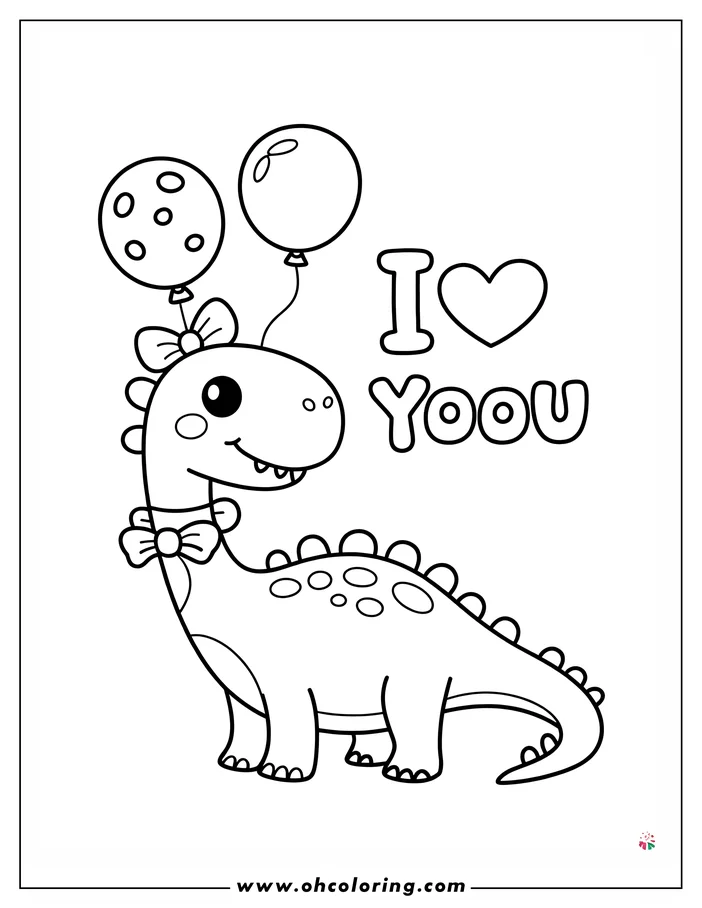 Outline of a dinosaur with bows and balloons. The message 'I love you' is written next to the dinosaur.