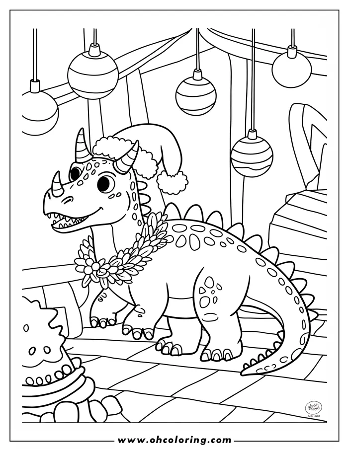 Line art of a dinosaur wearing a Santa hat and a floral lei, standing near a Christmas tree with ornaments.