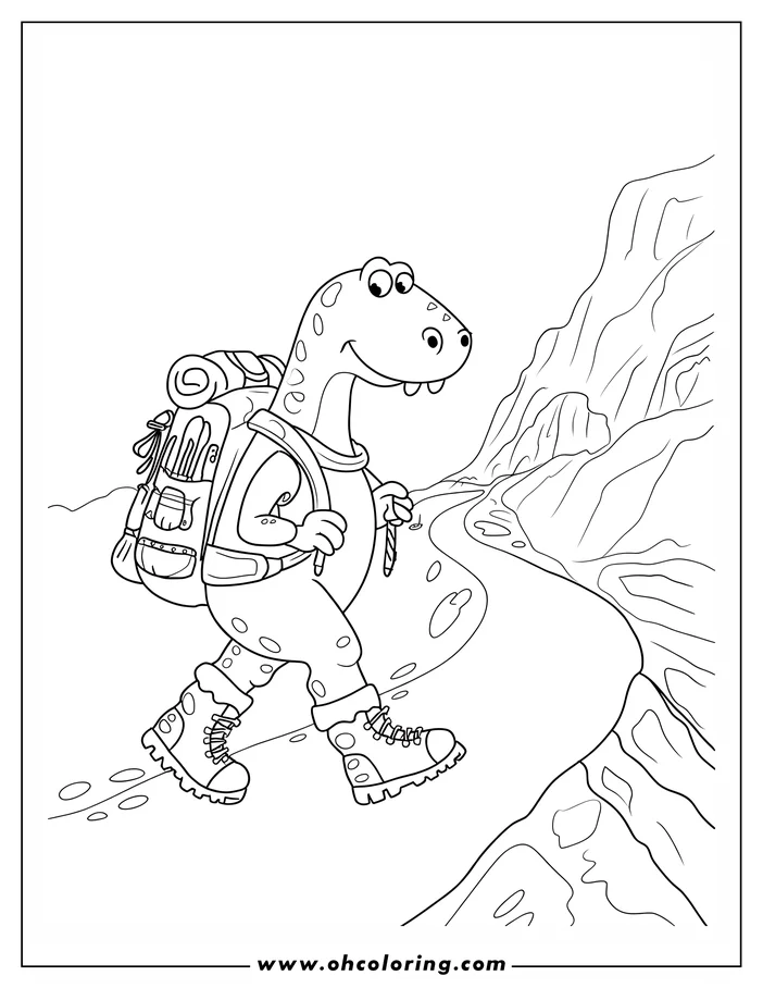 Line drawing of a dinosaur hiking on a mountain trail next to a stream.