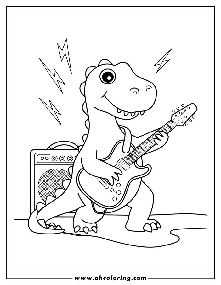 Line art of a dinosaur playing an electric guitar with an amplifier and lightning bolts.