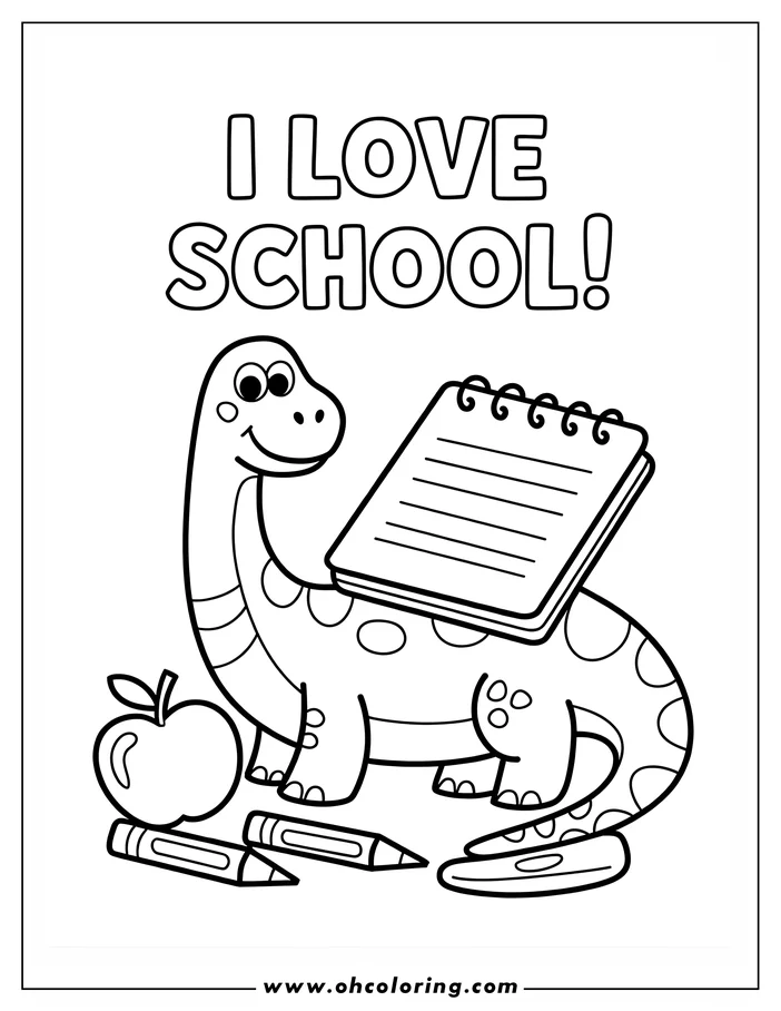 A cartoon dinosaur with a notebook, apple, and crayons. Perfect for back-to-school coloring activities.