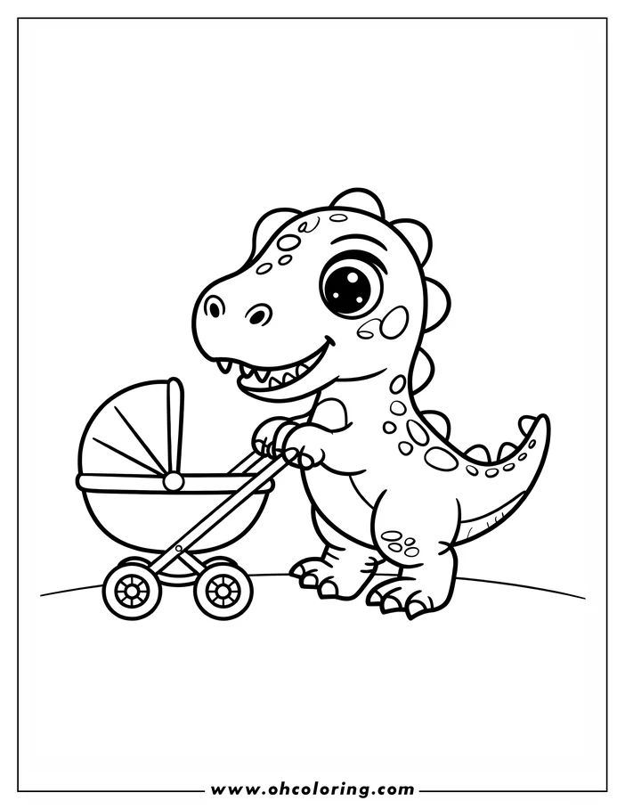 Cartoon dinosaur pushing a baby stroller