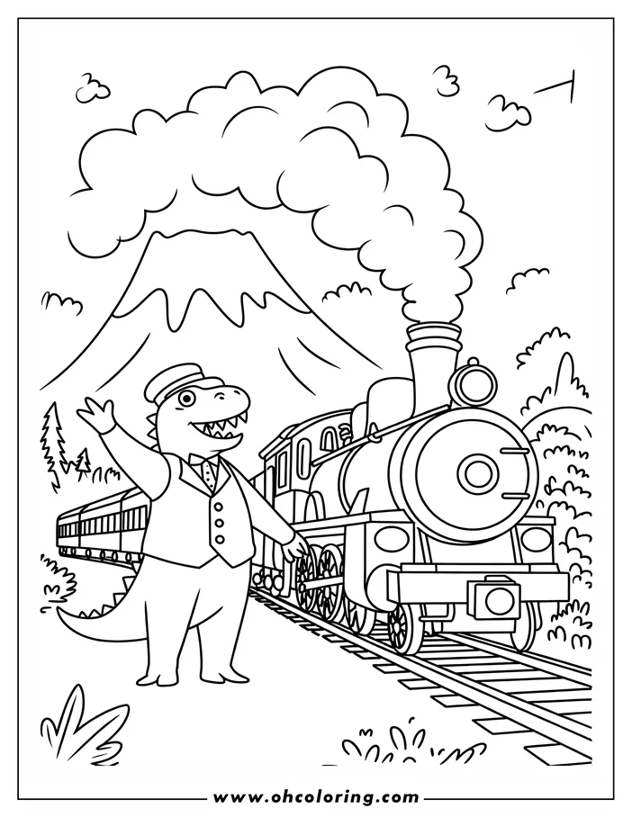 Line art of a dinosaur train conductor waving, next to a steam train, with a volcano in the background.