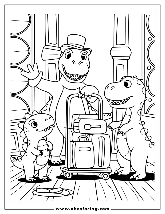 Three dinosaurs stand near a luggage cart filled with suitcases. The tallest dinosaur wears a top hat and waves, while a smaller dinosaur holds a ball. A plate with a snack sits on the floor nearby.