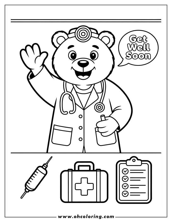 Line art of a friendly bear doctor waving, with medical tools like a syringe, first aid kit, and clipboard.