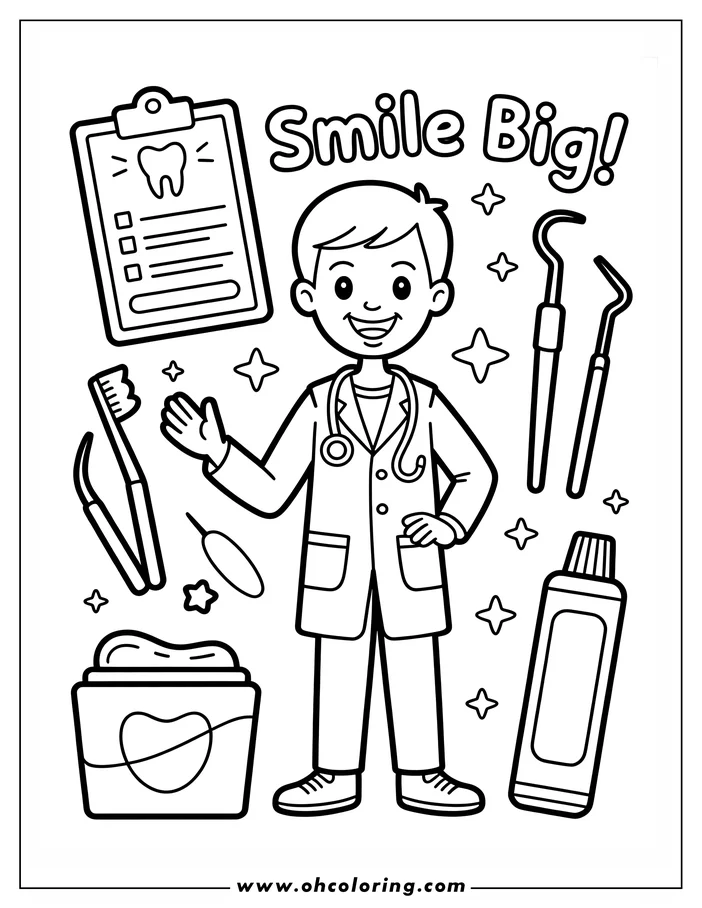 Line art of a smiling doctor with dental tools and hygiene products. A clipboard with a tooth image and a checklist are included.