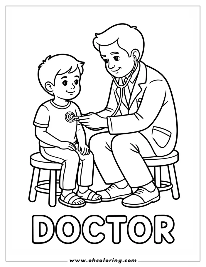 Outline of a doctor using a stethoscope to listen to a child's heartbeat during a checkup.