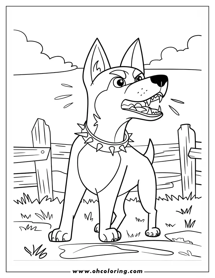 Line art of a dog barking near a wooden fence, wearing a spiked collar.