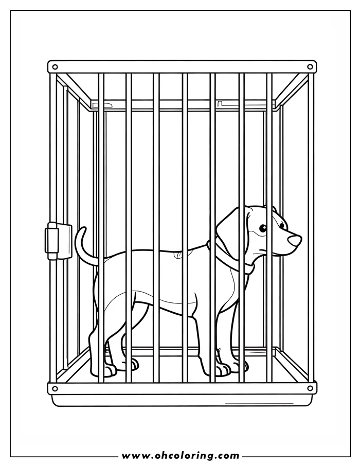 Line drawing of a dog inside a crate.
