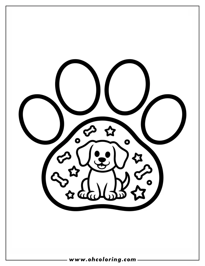 Line drawing of a dog sitting inside a paw print shape, surrounded by small stars and bones.