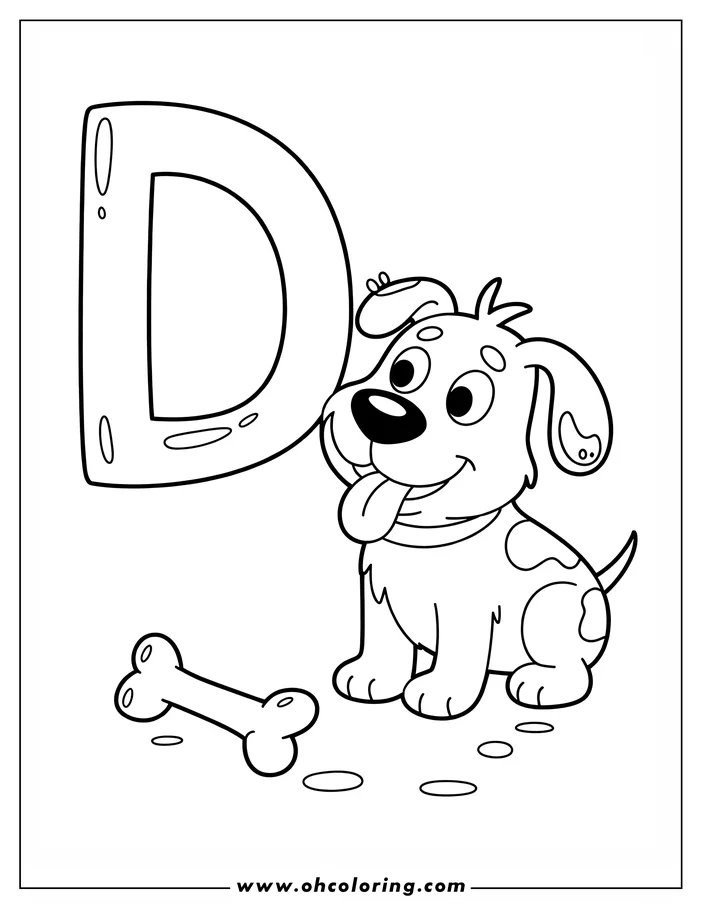 Outline of a cute spotted dog sitting by the letter D and a dog bone.