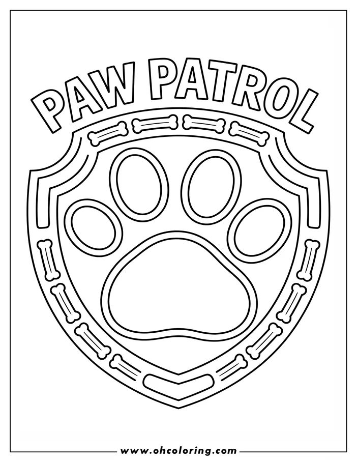 A simple outline of a dog paw print inside a crest bordered with small bones.