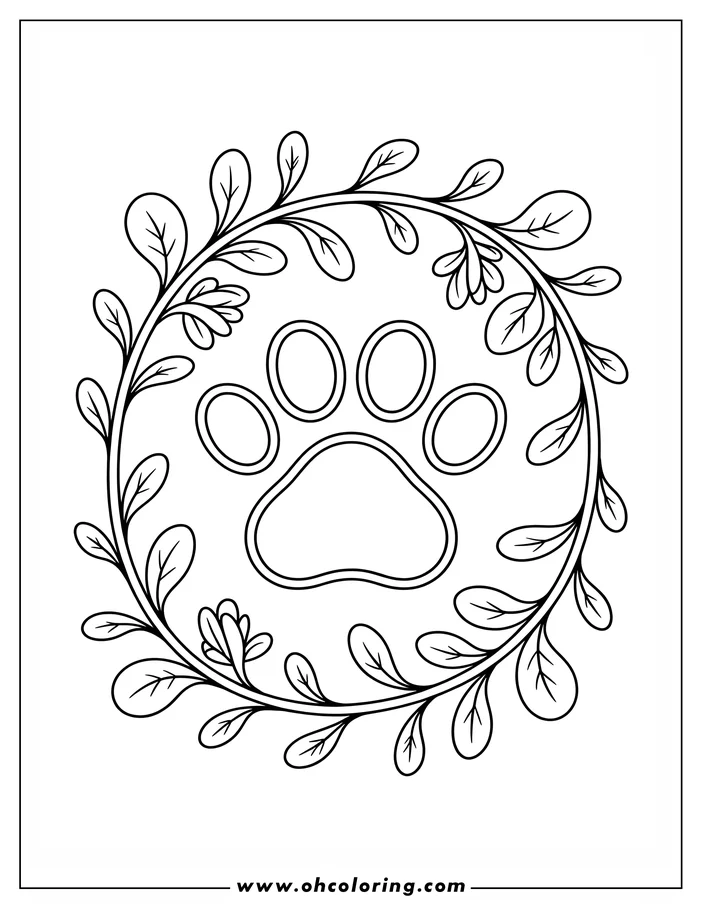 Line art of a dog paw print centered in a wreath of leaves and flowers