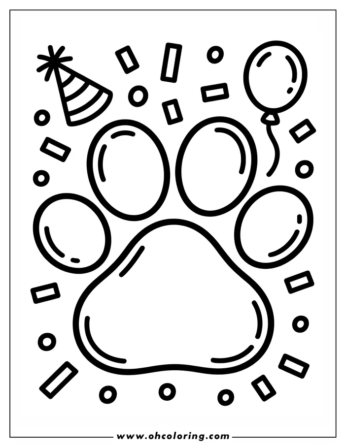 Line art of a dog paw print surrounded by party decorations like a hat, balloon, and confetti.