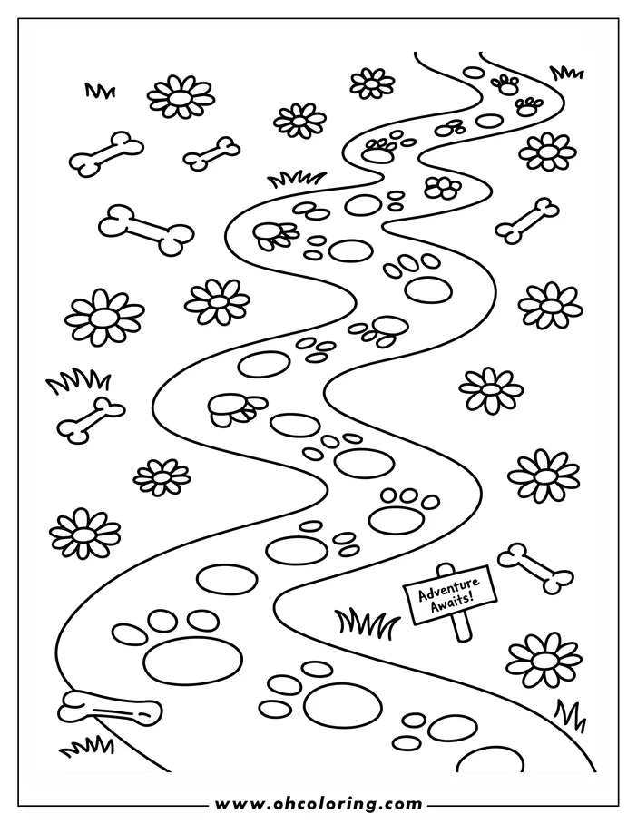 A winding trail of dog paw prints leads across a field, decorated with flowers, grass, and dog bones.  A sign by the trail reads 'Adventure Awaits!'.
