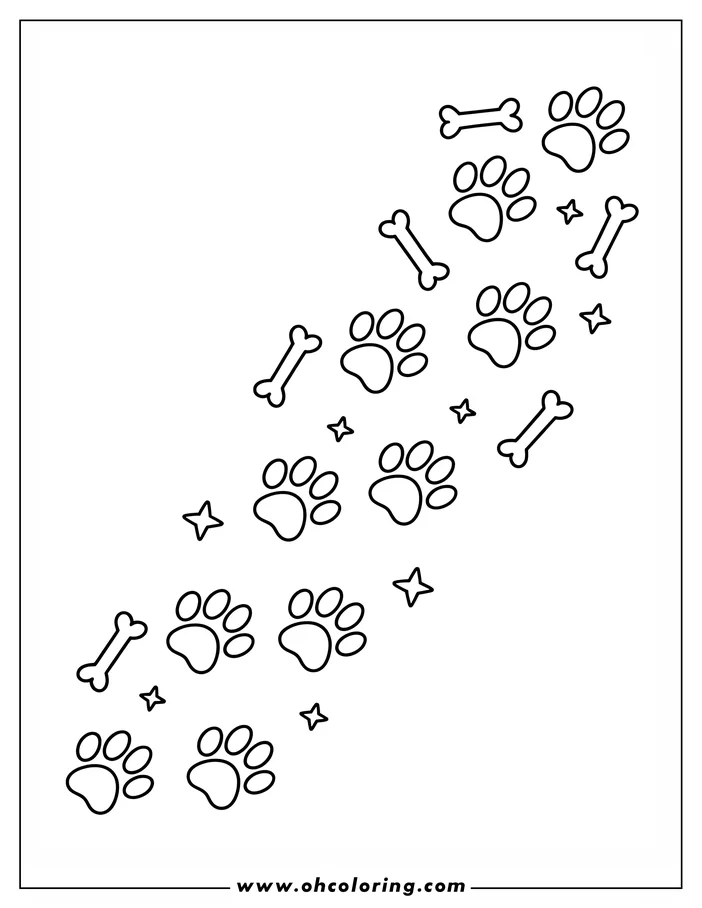 Line art of dog paw prints, bones, and stars scattered across the page.