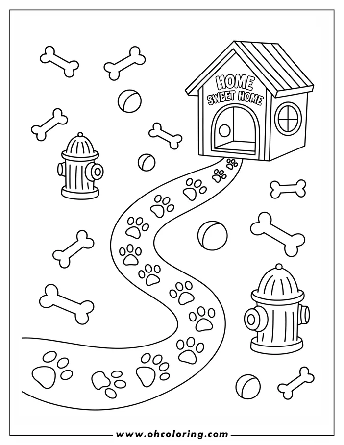 A winding trail of dog paw prints leads to a doghouse, with dog bones, balls, and fire hydrants scattered around.