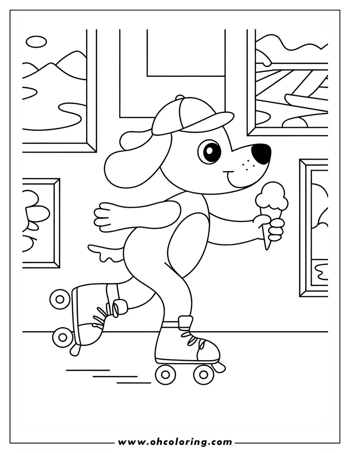 A dog wearing a baseball cap, roller skating down a hallway while holding an ice cream cone.