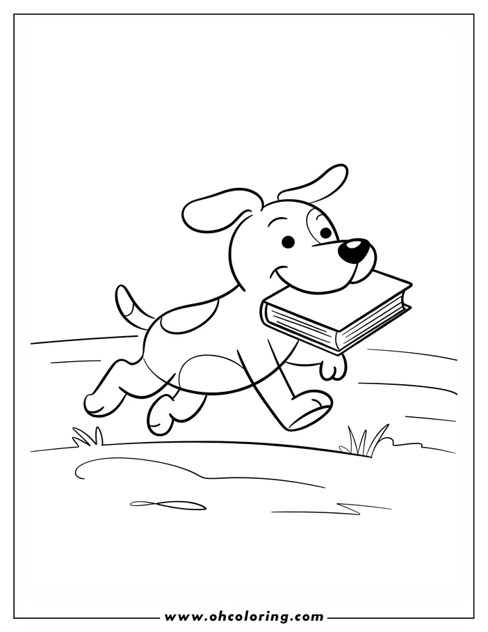 Line art drawing of a happy spotted dog running with a book in its mouth.