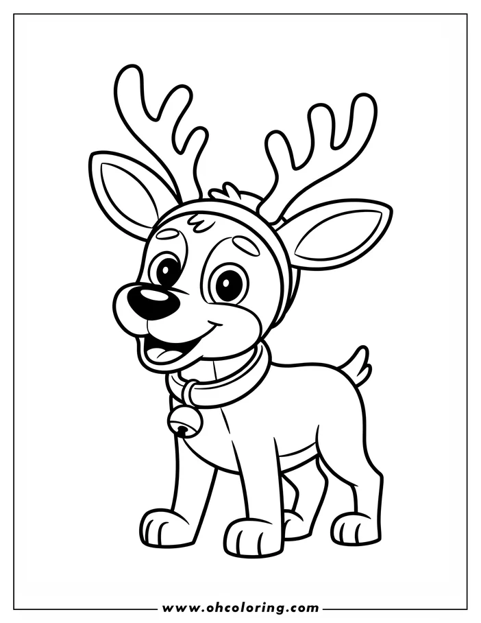 Happy dog wearing reindeer antlers, ready for coloring.