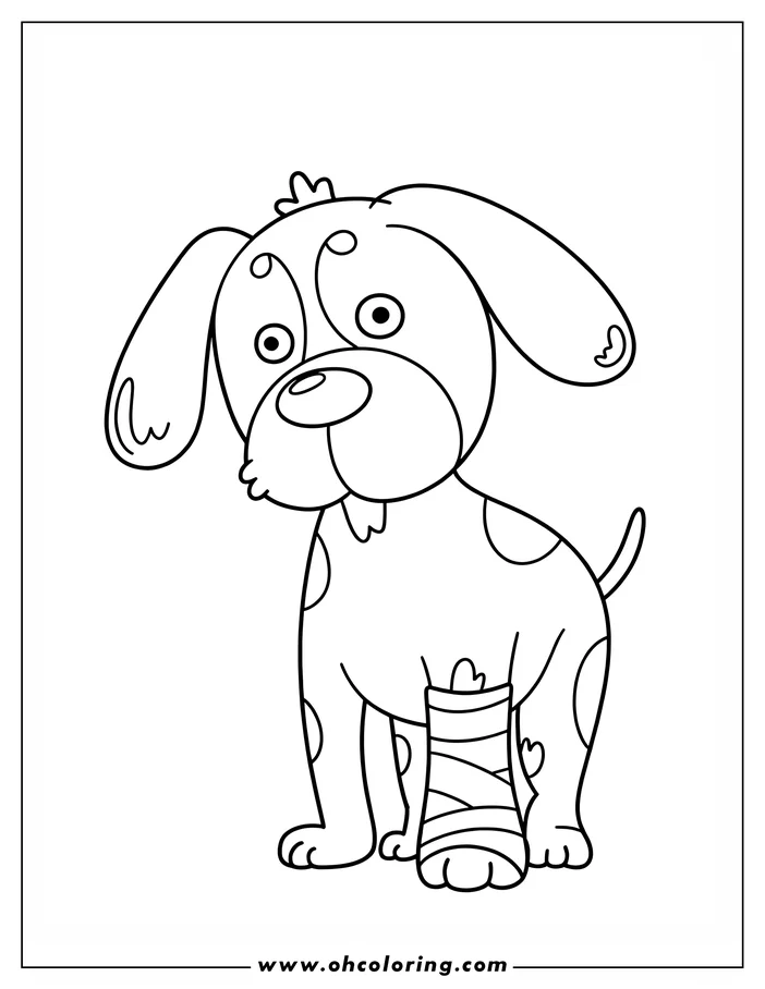A dog with a bandaged paw, spots on its fur, and a concerned expression.