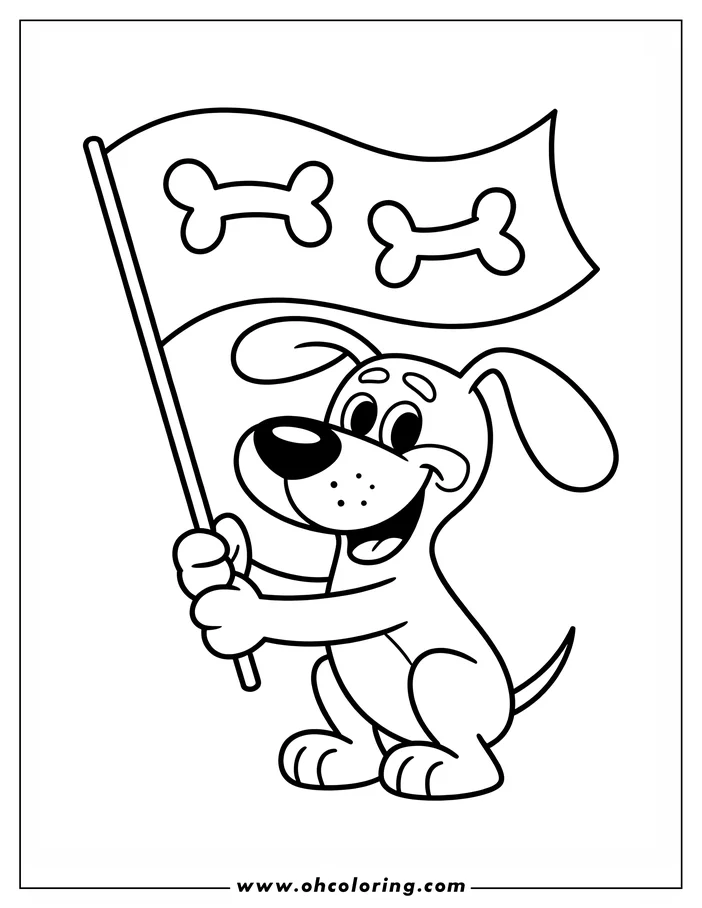 A happy dog holding a flag with two bones on it, ready to be colored.