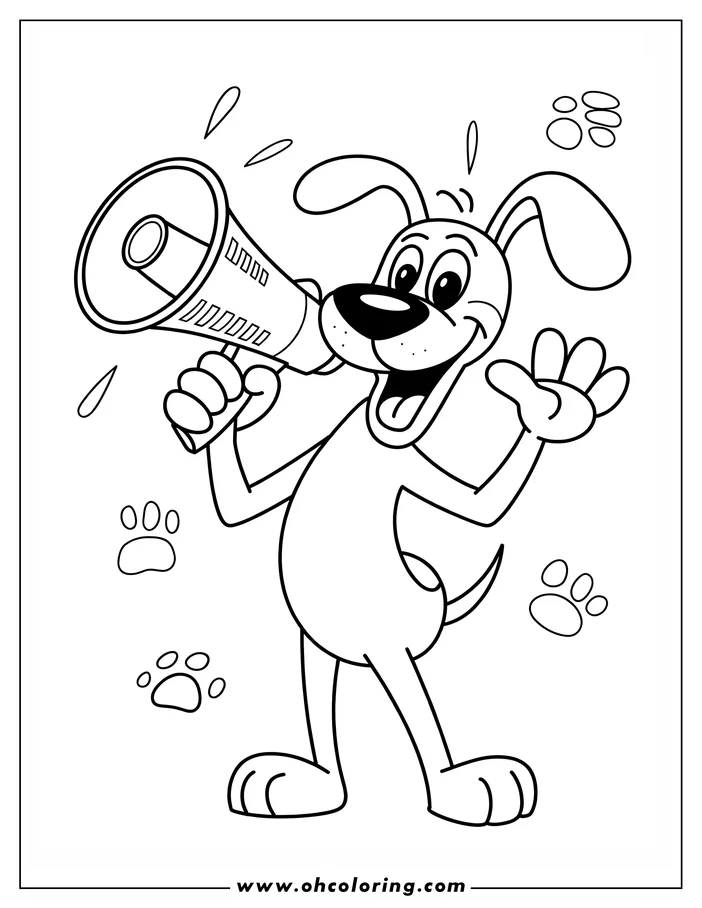 A friendly dog holding a megaphone and waving, line art for coloring